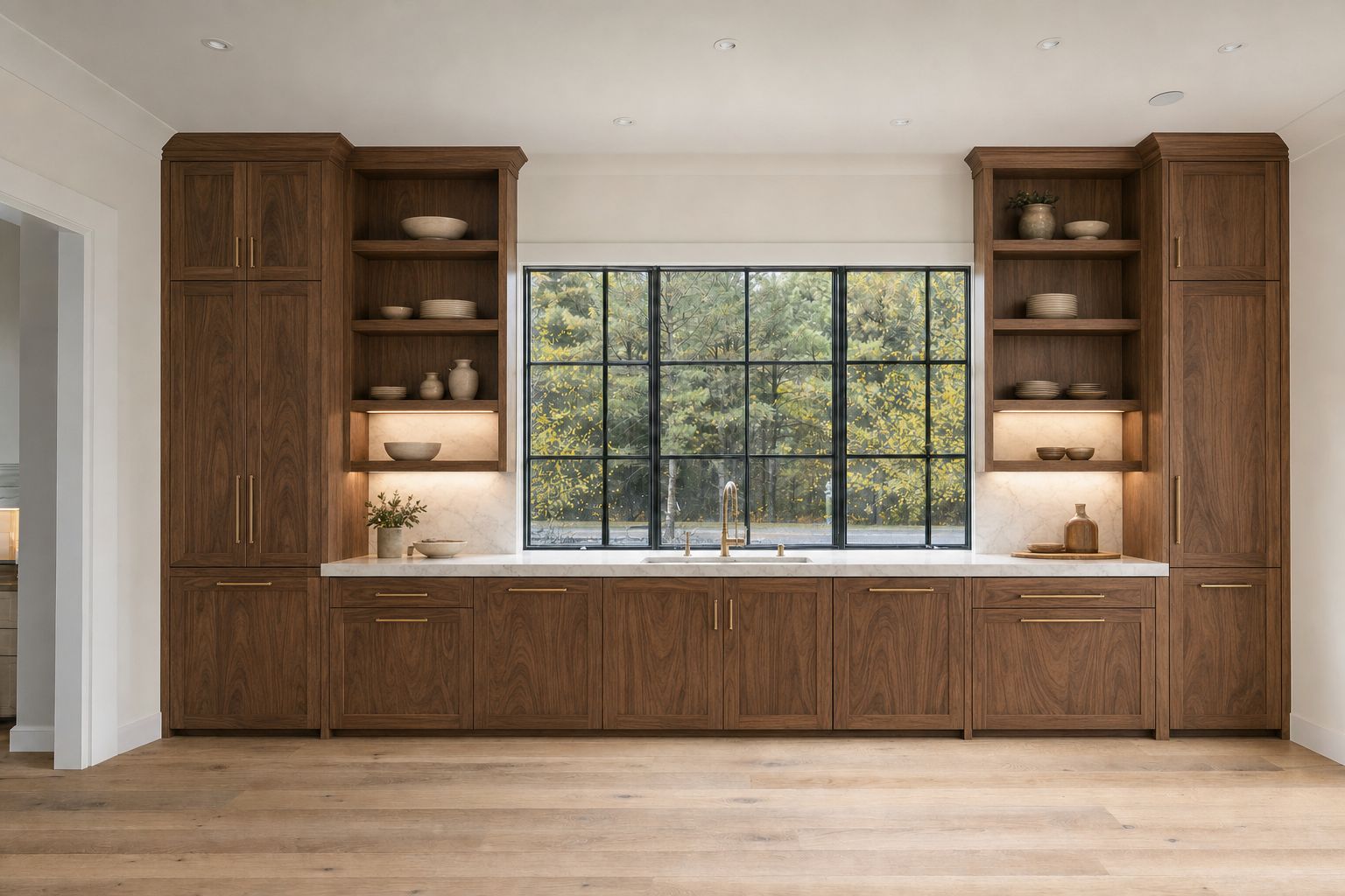 After: the same wall with bespoke walnut cabinetry, as shown in the AI visualisation