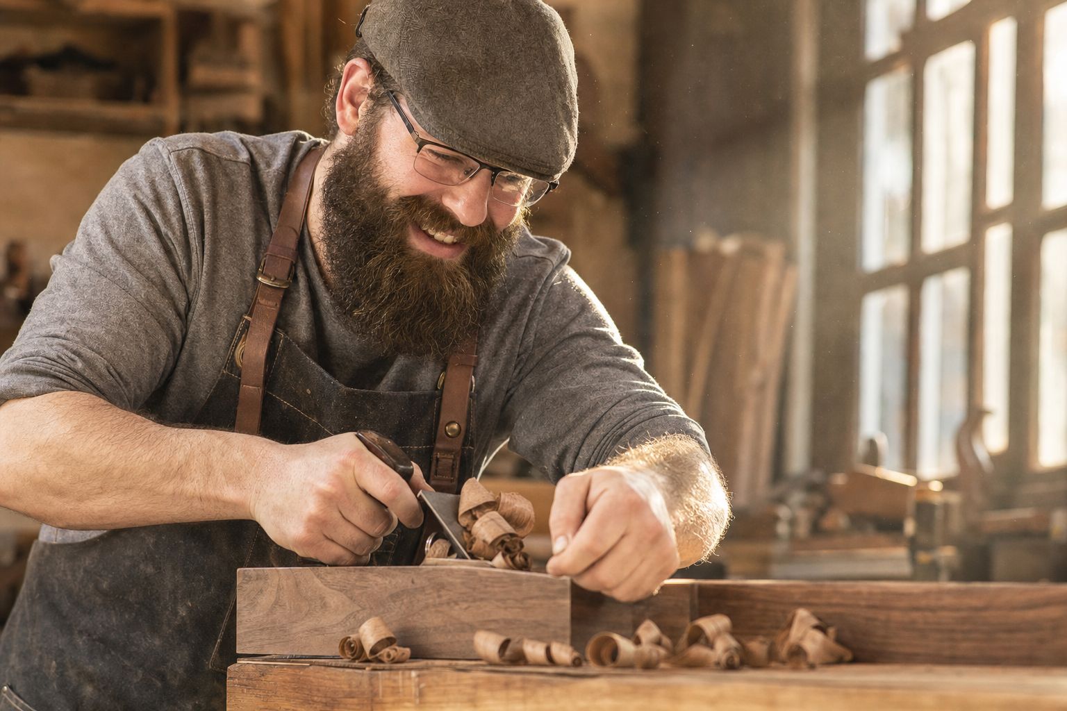 Phillip hand-planing walnut at his workbench