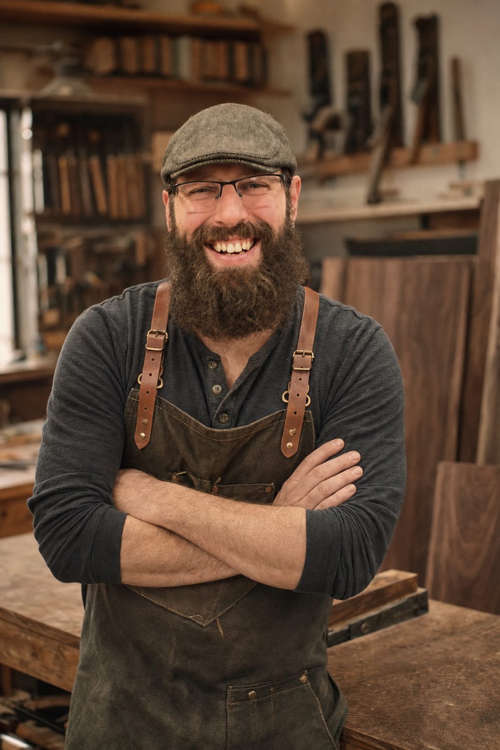 Phillip Nightingale in his woodworking apron at the atelier