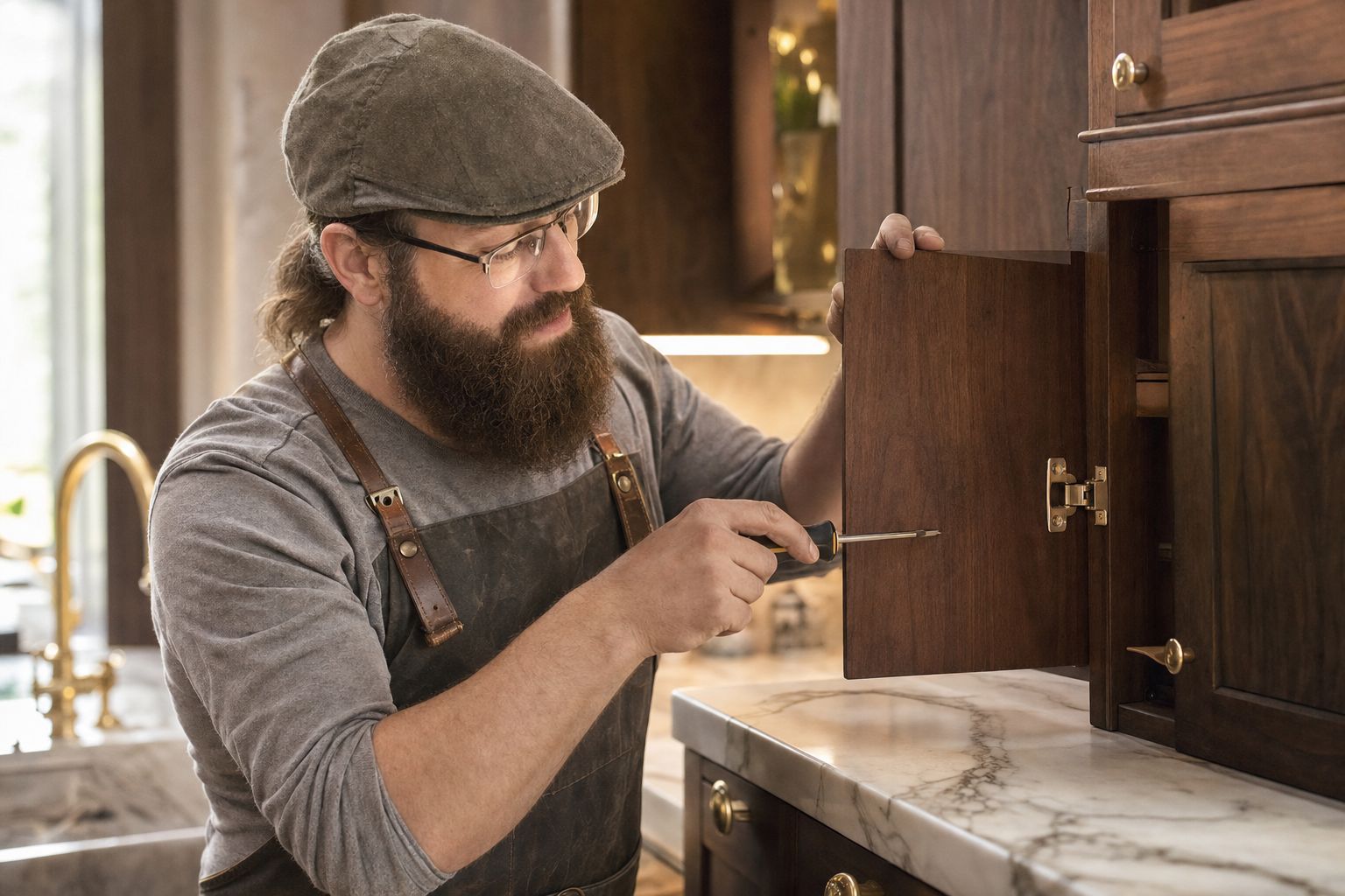 Phillip installing a walnut cabinet door in a client's kitchen
