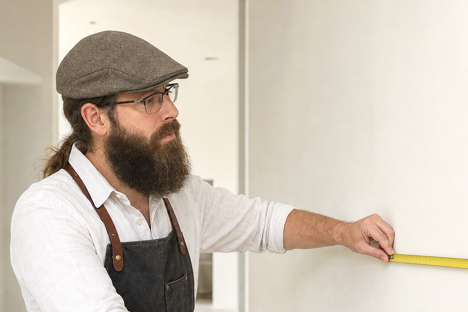 Phillip measuring a client's kitchen wall with a tape measure
