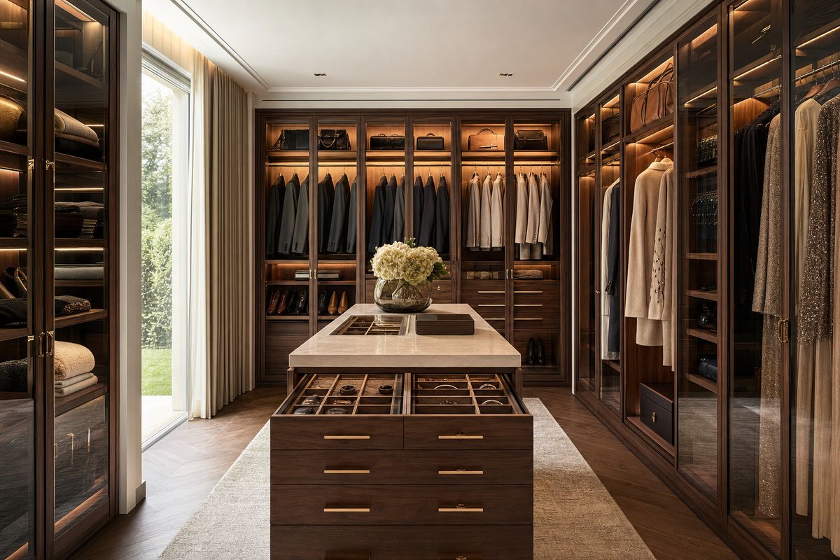 A walnut walk-in dressing room with a jewellery island
