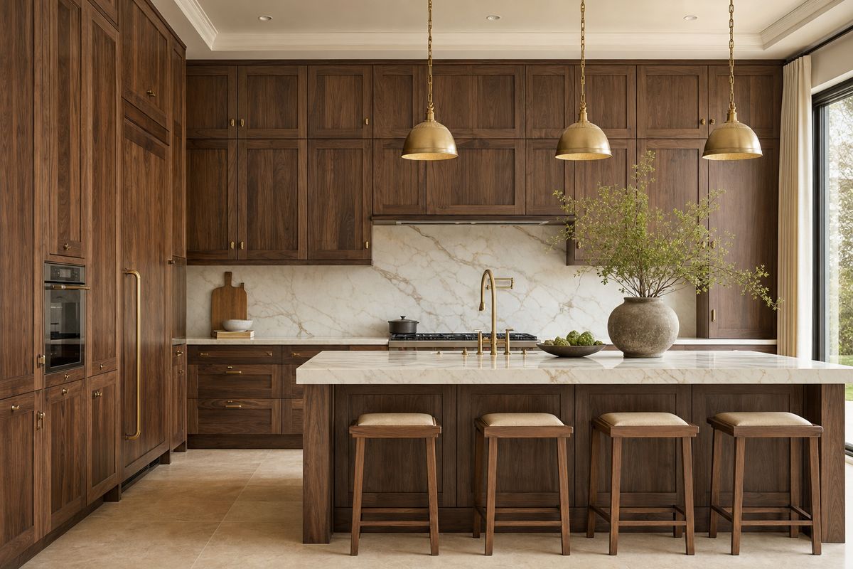 A bespoke walnut kitchen with a marble island