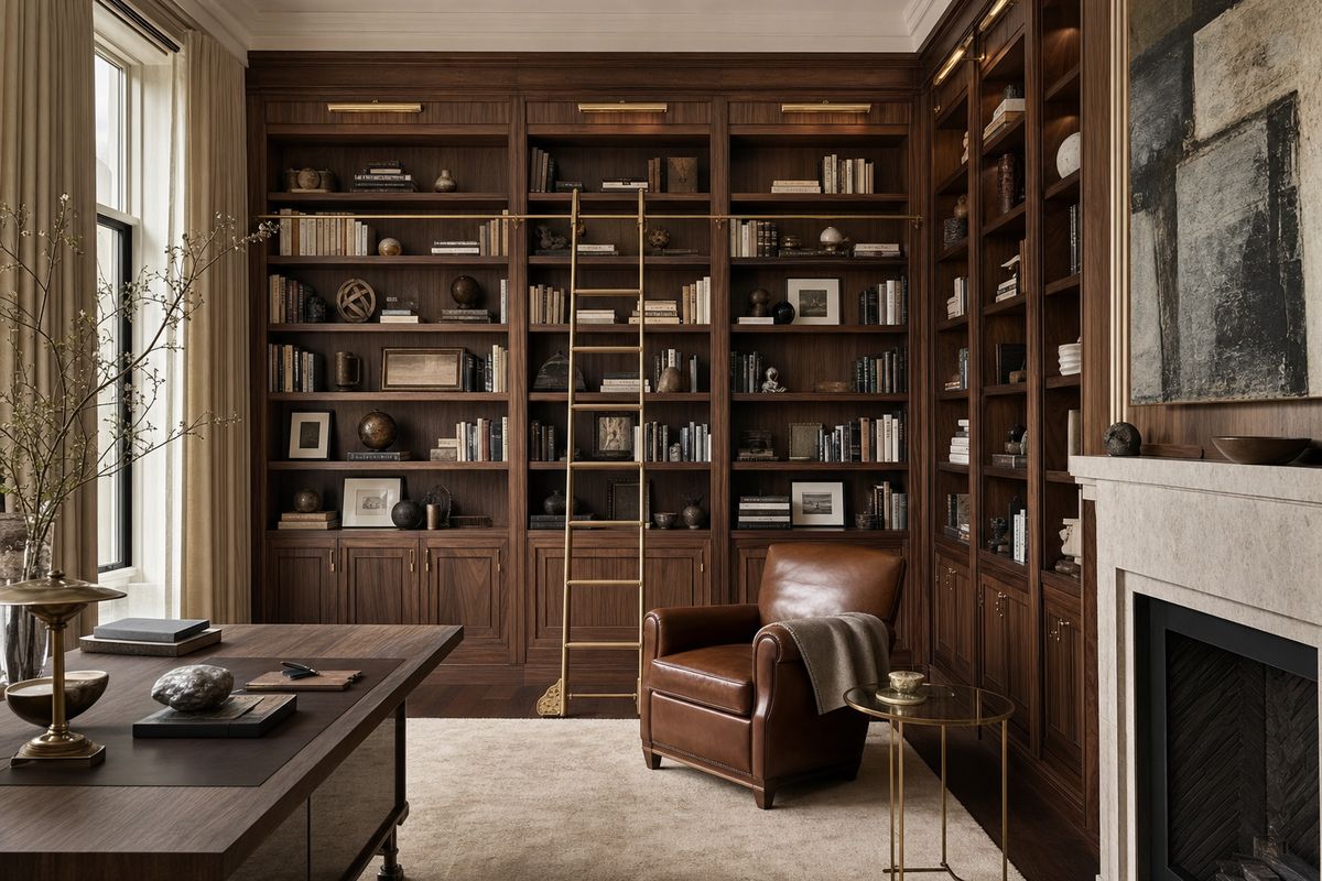 A built-in walnut library with a brass ladder