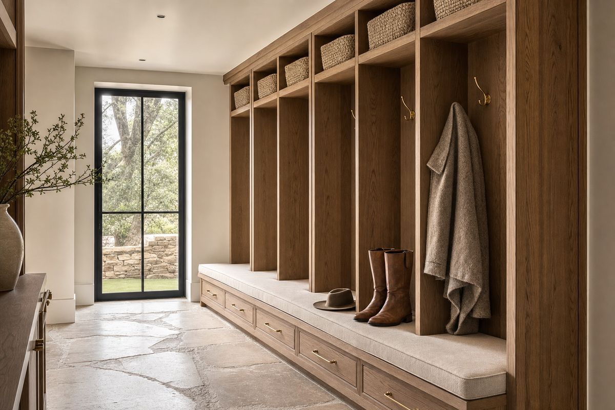 A bespoke white oak mudroom with lockers and a bench