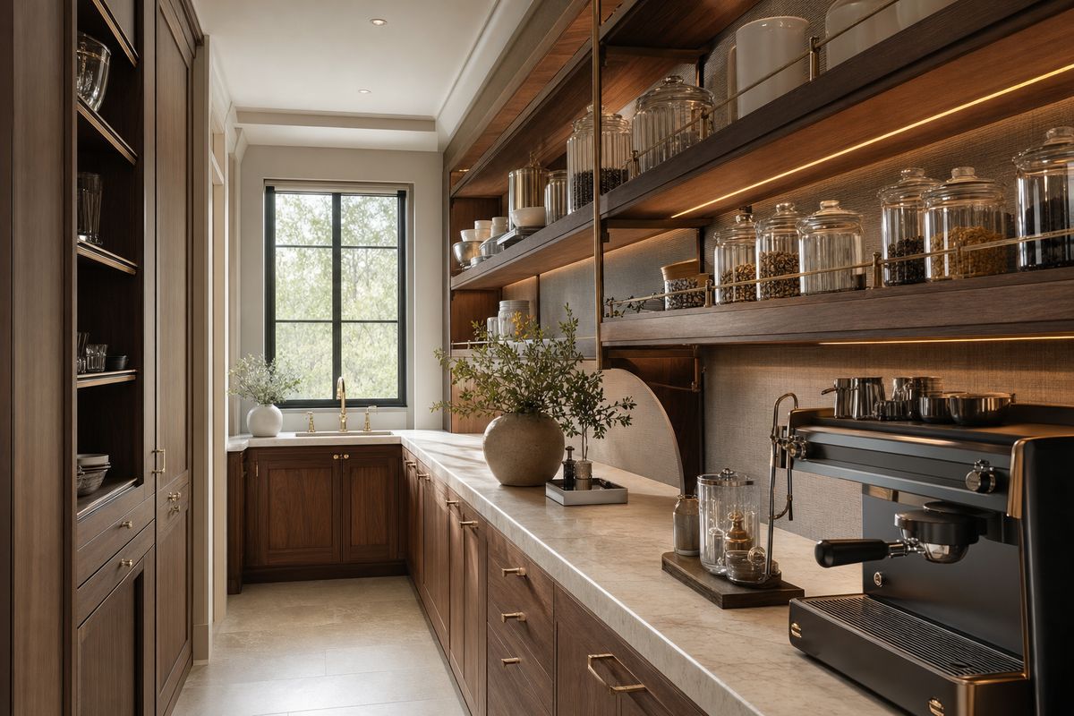 A walnut butler's pantry with a coffee station