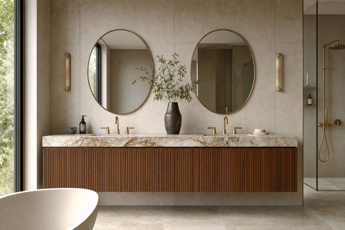 A fluted walnut double vanity with a marble top